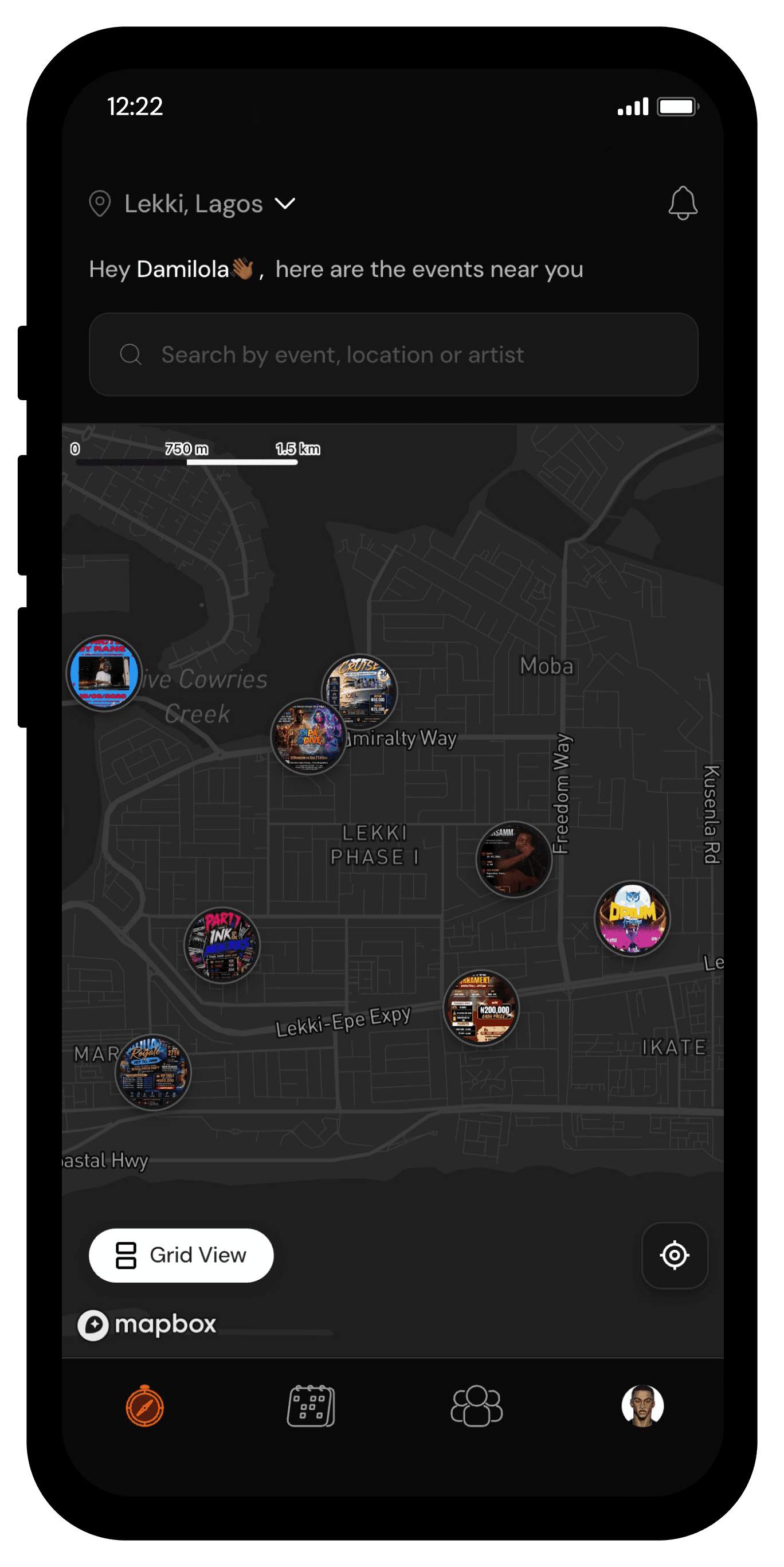 interactive map of nearby events in the Jetron Ticket mobile app