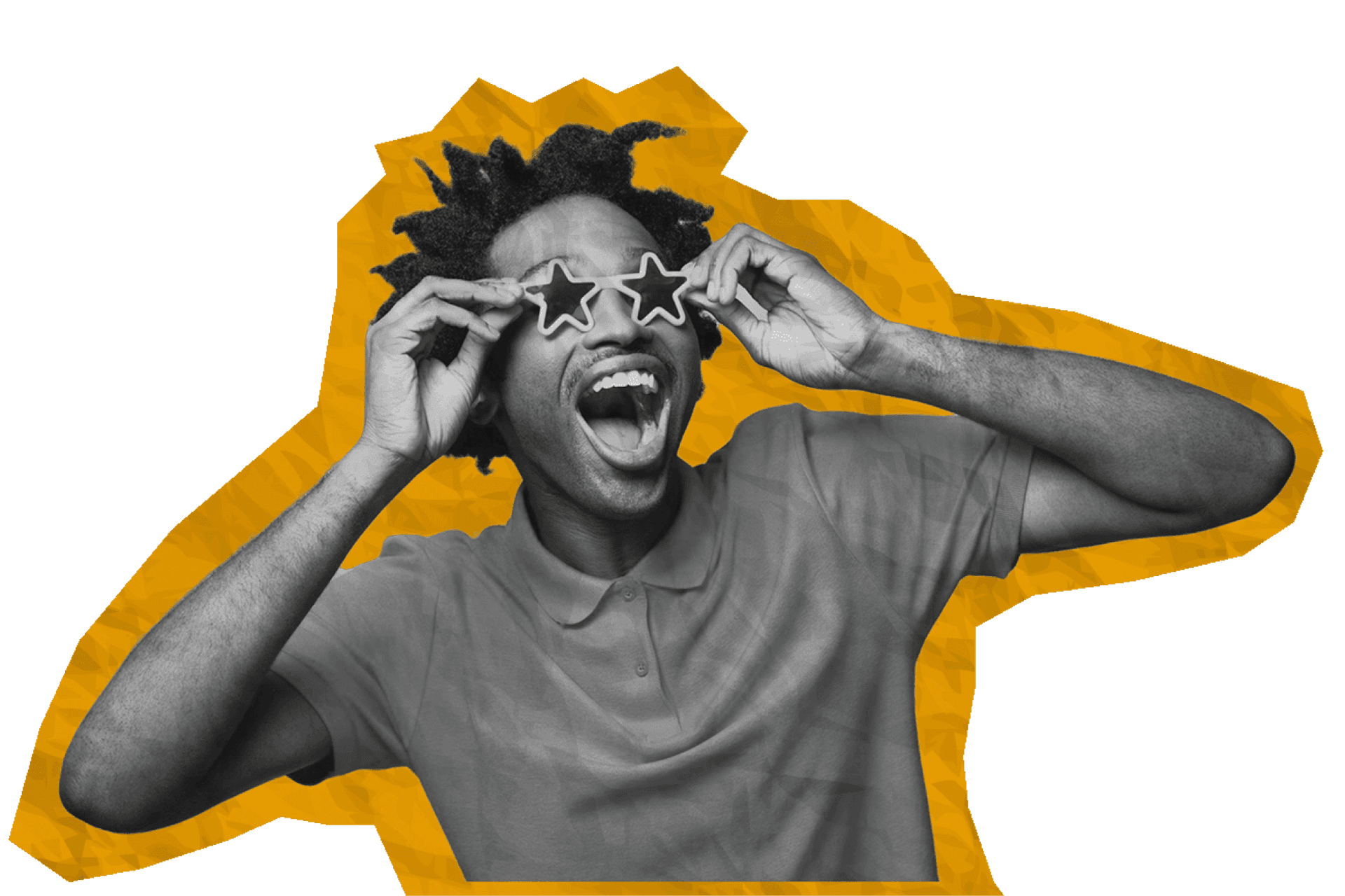 yellow cutout of a guy in star shaped shades